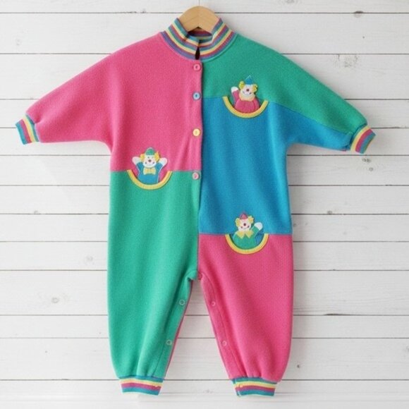 Rare Pipiniki Kids Clown Patch Colorblock Fleece Jumpsuit Romper 24M 80s